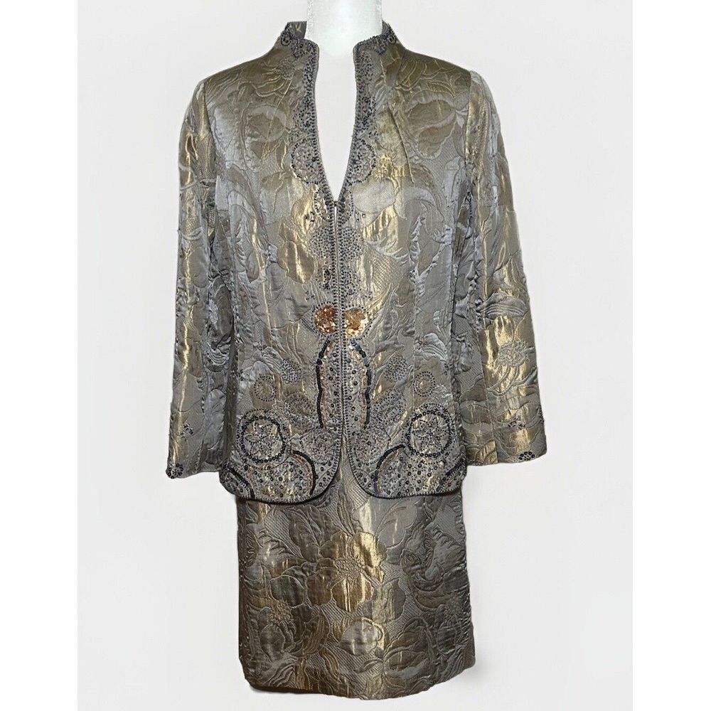 Rickie Freeman Teri Jon Womens 2pc Suit Jacket Skirt Taupe Quilted Brocade Sz 10